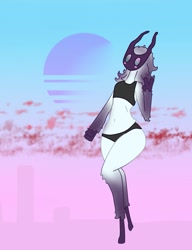 Size: 985x1280 | Tagged: safe, artist:squalbo, kindred (league of legends), bovid, caprine, goat, mammal, anthro, league of legends, 2019, belly button, black clothing, blushing, clothes, female, fur, gesture, hair, hooves, mask, purple body, purple fur, purple hair, riot games, solo, solo female, topwear, underwear, v sign, white body, white fur, white hair