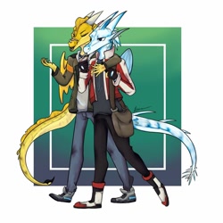Size: 1000x1000 | Tagged: safe, artist:aurora hates herself, qibli (wings of fire), winter (wings of fire), dragon, fictional species, anthro, wings of fire (book series), bottomwear, clothes, drink, duo, duo male, gloves, hug, jacket, male, males only, messenger bag, pants, shirt, shoes, topwear, walking