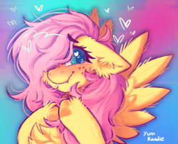 Size: 1551x1260 | Tagged: safe, artist:yumkandie, fluttershy (mlp), equine, fictional species, mammal, pegasus, pony, feral, friendship is magic, hasbro, my little pony, 2023, blushing, cheek fluff, chest fluff, crying, cute, cute little fangs, ear fluff, fangs, feathered wings, feathers, female, fluff, freckles, fur, hair, heart, heart eyes, looking at you, love heart, mane, mare, messy mane, pink hair, pink mane, sharp teeth, signature, smiling, solo, solo female, teary eyes, teeth, wavy mouth, wingding eyes, wings, yellow body, yellow fur