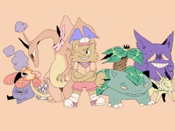 Size: 1600x1200 | Tagged: safe, artist:puppychan, oc, oc:marma (puppkittyfan1), amphibian, bear, canine, charizard, dog, eeveelution, fictional species, flora fauna, frog, gengar, hybrid, jolteon, lizard, mammal, rat, rattata, reptile, rodent, anthro, feral, nintendo, pokémon, 2017, ambiguous gender, blue clothing, blue wings, bottomwear, brown body, brown fur, brown tail, claws, clothes, eyelashes, fangs, fire, fluff, fur, green body, group, hat, headwear, neck tuft, neckwear, one eye closed, orange scales, orange wings, plant, purple body, red clothes, red eyes, scales, sharp teeth, sleeping, smiling, smoke, starter pokémon, tail, tan clothing, tan scales, teeth, topwear, white body, white clothing, white fur, wings, winking, yellow body, yellow fur