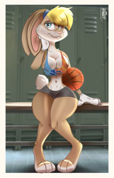 Size: 1420x2200 | Tagged: safe, artist:hinget, lola bunny (looney tunes), lagomorph, mammal, rabbit, anthro, digitigrade anthro, looney tunes, warner brothers, 2022, ball, basketball, bench, bottomwear, breasts, buckteeth, clothes, detailed background, digital art, ears, eyelashes, female, fur, gloves, hair, indoors, locker room, pink nose, shorts, solo, solo female, sports bra, sports shorts, tail, teeth, thighs, topwear, wide hips