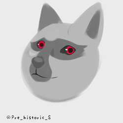 Size: 2048x2048 | Tagged: safe, artist:pre historic s, death (puss in boots), canine, mammal, wolf, ambiguous form, dreamworks animation, puss in boots (movie), shrek, artist name, doge, fur, gray body, gray fur, grey nose, male, meme, red eyes, simple background, solo, solo male, white background