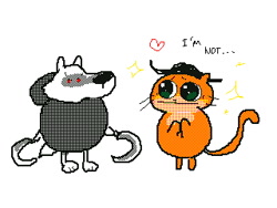 Size: 320x240 | Tagged: safe, artist:kéké, death (puss in boots), puss in boots (dreamworks), canine, cat, feline, mammal, wolf, anthro, dreamworks animation, flipnote studio, nintendo, puss in boots (movie), shrek, duo, duo male, english text, fur, heart, looking at another, low res, male, males only, orange body, orange fur, sickle, text