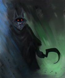 Size: 1235x1467 | Tagged: safe, artist:gabitz_art, death (puss in boots), canine, mammal, wolf, anthro, dreamworks animation, puss in boots (movie), shrek, black cloak, black clothing, clothes, creepy, creepy smile, fangs, fur, glowing, glowing eyes, high res, holding, holding object, holding weapon, leaf, looking at you, male, melee weapon, red eyes, sharp teeth, sickle, smiling, solo, solo male, teeth, weapon, white body, white fur