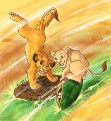 Size: 770x838 | Tagged: safe, artist:j-c, nala (the lion king), simba (the lion king), big cat, feline, lion, mammal, reptile, turtle, feral, disney, the lion king, cub, duo, female, lioness, male, open mouth, open smile, paw pads, paws, smiling