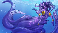 Size: 1280x720 | Tagged: suggestive, artist:alanscampos, fictional species, fish, hybrid, mollusk, octopus, anthro, 16:9, 2019, belly button, breasts, cecaelia, detailed background, digital art, ears, eyelashes, female, hair, ocean, scales, seashell bra, solo, solo female, tail, thighs, underwater, water, wide hips