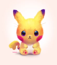 Size: 1050x1200 | Tagged: safe, artist:tsaoshin, fictional species, mammal, pikachu, feral, nintendo, pokémon, 2022, ambiguous gender, cute, front view, looking at you, paw pads, paws, sitting, solo, solo ambiguous