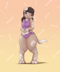 Size: 2500x3000 | Tagged: safe, artist:louart, canine, dog, mammal, anthro, 2023, 2d, blushing, breasts, clothes, cute, female, one-piece swimsuit, solo, solo female, swimsuit, thick thighs, thighs, wide hips
