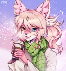 Size: 3508x3757 | Tagged: safe, artist:ikstina, oc, oc only, cat, feline, fictional species, mammal, anthro, blonde hair, blue eyes, bust, clothes, coffee, coffee cup, commission, commissions open, container, cup, drink, drinking, ear piercing, earring, female, full render, hair, heterochromia, holding, holding object, icon, lipstick, looking at you, makeup, orange eyes, paws, piercing, pigtails, pink body, pink hair, portrait, scarf, simple background, smiling, smiling at you, snow, snowfall, solo, solo female, sparkles, steam, sweater, topwear, vtuber, wings, winter, winter outfit, ych, ych example, ych result