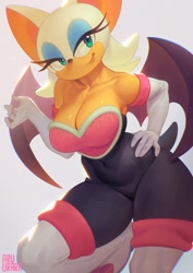 Size: 1448x2048 | Tagged: safe, artist:aruurara, rouge the bat (sonic), bat, mammal, anthro, sega, sonic the hedgehog (series), 2023, big breasts, breasts, cleavage, female, solo, solo female, thick thighs, thighs, wide hips, wings