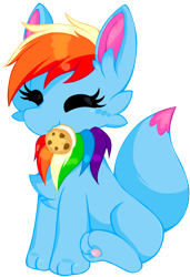 Size: 820x1200 | Tagged: safe, artist:rainbow eevee, rainbow dash (mlp), oc, oc only, oc:rainbow eevee, eevee, eeveelution, equine, fictional species, mammal, pokémon pony, pony, friendship is magic, hasbro, my little pony, nintendo, pokémon, 2023 community collab, cheek fluff, chest fluff, colorful, cookie, cute, derpibooru community collaboration, eating, eyelashes, eyes closed, female, fluff, food, hair, holding, ice cream, ice cream sandwich, mouth hold, multicolored hair, nom, paw pads, paws, rainbow hair, simple background, sitting, solo, solo female, transparent background, underpaw, vector