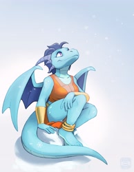 Size: 3179x4096 | Tagged: safe, artist:girirkin, dragon, fictional species, anthro, anklet, barefoot, big breasts, bracelet, breasts, dragon wings, dragoness, feet, female, horns, jewelry, looking up, sitting, smiling, snow, snowfall, snowflake, solo, solo female, thick thighs, thighs, toes