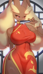 Size: 1034x1798 | Tagged: safe, artist:tp10, fictional species, lopunny, mammal, anthro, nintendo, pokémon, 2023, arm fluff, bedroom eyes, black sclera, breasts, chinese dress, chinese new year, clothes, colored sclera, detailed background, digital art, ear fluff, ears, eyelashes, female, fluff, front view, fur, huge breasts, looking at you, pink nose, pose, solo, solo female, thick thighs, thighs, wide hips, year of the rabbit