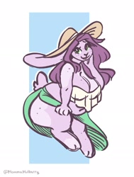 Size: 1705x2255 | Tagged: safe, artist:mulberrytarthorse, oc, oc:mulberry tart, lagomorph, mammal, rabbit, anthro, big belly, breasts, cleavage, clothes, ears, fat, female, hat, headwear, huge breasts, long ears, overweight, solo, solo female, species swap, sun hat, thick thighs, thighs, wide hips