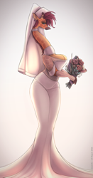 Size: 630x1200 | Tagged: safe, artist:javanshir, oc, oc:giraffe mom (javanshir), giraffe, mammal, anthro, absolute cleavage, bedroom eyes, big breasts, big butt, bouquet, breasts, butt, cleavage, clothes, dress, female, flower, long neck, looking at you, plant, smiling, smiling at you, solo, solo female, tall female, thick thighs, thighs, wedding dress, wedding veil, wide hips