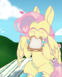 Size: 893x1112 | Tagged: safe, artist:pagophasia, fluttershy (mlp), equine, fictional species, mammal, pegasus, pony, feral, friendship is magic, hasbro, my little pony, 2023, blushing, bread, cloud, colored hooves, daffodil and daisy sandwich, daytime, eating, eyes closed, feathered wings, feathers, female, flower, food, grass, happy, heart, holding, hoof hold, hooves, impossibly long eyelashes, love heart, nom, picnic blanket, plant, sandwich, sitting, smiling, solo, solo female, unshorn fetlocks, wings