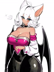 Size: 1446x1909 | Tagged: safe, artist:usa37107692, rouge the bat (sonic), animal humanoid, bat, fictional species, mammal, humanoid, sega, sonic the hedgehog (series), 2023, armwear, bat wings, big ears, big wings, blushing, breasts, cleavage, clothes, curvy, ears, female, green eyes, hair, huge breasts, huge thighs, humanoidized, jewelry, looking at you, necklace, short tail, simple background, solo, solo female, tail, webbed wings, white background, white hair, wings