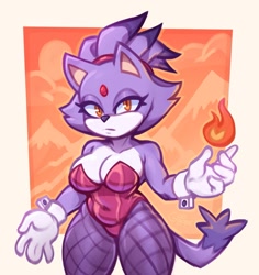 Size: 1887x2000 | Tagged: suggestive, artist:goobone, blaze the cat (sonic), cat, feline, mammal, anthro, cc by-nc-nd, creative commons, sega, sonic the hedgehog (series), 2022, 5 fingers, big breasts, breasts, cleavage, clothes, female, fire, fishnet, fishnet stockings, frowning, fur, gloves, hair, hair tie, legwear, lidded eyes, looking at you, mountain, multicolored fur, outdoors, purple body, purple fur, purple tail, see-through, sleeveless, solo, solo female, stockings, tail, thick thighs, thighs, topwear, two toned body, two toned fur, white body, white fur, white gloves, yellow eyes