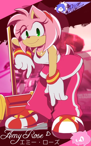 218644 - safe, artist:creamsodabluze, amy rose (sonic), hedgehog, mammal,  anthro, sega, sonic riders, sonic the hedgehog (series), 2023, 4 fingers,  bent over, bottomwear, breasts, cleavage, clothes, english text, eyelashes,  female, green eyes