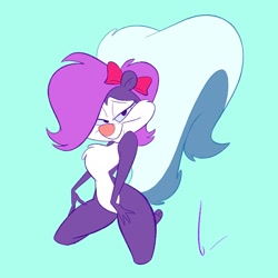 Size: 1280x1280 | Tagged: safe, artist:birchly, fifi la fume (tiny toon adventures), mammal, skunk, anthro, tiny toon adventures, warner brothers, bedroom eyes, big breasts, breast fluff, breasts, female, kneeling, looking at you, seductive, seductive eyes, seductive look, seductive pose, smiling, smiling at you, solo, solo female, thick thighs, thighs, wide hips