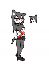 Size: 1285x1668 | Tagged: safe, artist:tunaplus_c, texas (arknights), animal humanoid, canine, fictional species, mammal, wolf, humanoid, arknights, black hair, bottomwear, clothes, female, full body, hair, head only, holding, long hair, mouth hold, orange eyes, pocky, self paradox, shirt, shorts, simple background, solo, solo female, tail, topwear, white background