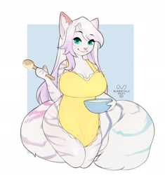 Size: 2572x2736 | Tagged: safe, artist:bunpetalsnsfw, big cat, feline, mammal, tiger, anthro, apron, big breasts, big tail, breasts, clothes, female, naked apron, nudity, partial nudity, solo, solo female, tail, thick thighs, thighs, wide hips
