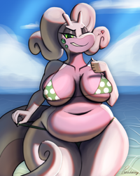 Size: 960x1200 | Tagged: suggestive, artist:paradoxing5, fictional species, goodra, anthro, nintendo, pokémon, 2023, absolute cleavage, almost nude, anthrofied, beach, belly button, big belly, big breasts, breasts, cleavage, detailed background, digital art, ears, eyelashes, fat, female, looking at you, midriff, ocean, scales, signature, solo, solo female, tail, thighs, water, wide hips