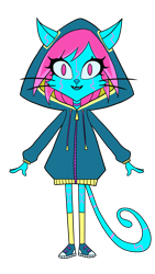 Size: 1920x3413 | Tagged: safe, artist:elly steiny, animal humanoid, cat, feline, fictional species, mammal, robot, humanoid, teen-z, beasty squad, bottomwear, clothes, concept art, cyborg, ears, fangs, female, hair, hoodie, mystix, pink eyes, sharp teeth, shoes, simple background, socks, solo, solo female, tail, teeth, topwear, transparent background, unnamed character, vector, young