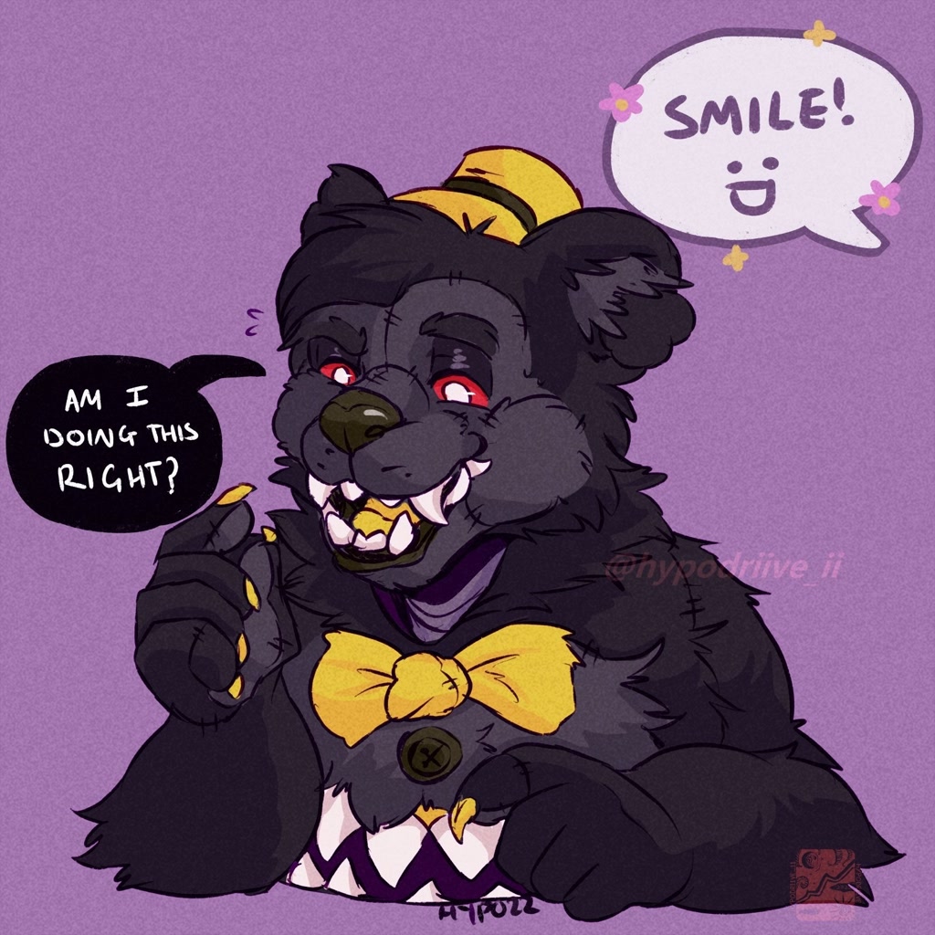 219016 - safe, artist:hypodriive, bear, mammal, five nights at freddy's,  2022, black body, black fur, bow, bow tie, button, clothes, colored pupils,  dialogue, english text, fluff, fur, furrified, genderless, hat, headwear,  nightmare (