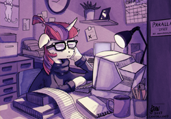 Size: 2870x2000 | Tagged: safe, artist:meater6, moondancer (mlp), equine, fictional species, mammal, pony, unicorn, feral, friendship is magic, hasbro, my little pony, calendar, chair, chromatic aberration, clock, clothes, computer, computer keyboard, crt monitor, female, glasses, hair, high res, horn, lamp, mane, monitor, mug, office, office chair, plant, poster, printer, solo, solo female, succulent, sweater, tired, topwear