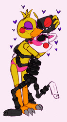 Size: 1155x2088 | Tagged: safe, artist:yo-snap, mangle (fnaf), toy chica (fnaf), animatronic, bird, canine, chicken, fictional species, fox, galliform, mammal, robot, five nights at freddy's, 2018, bigender, changle (fnaf), cute, duo, eyes closed, female, female/female, fur, heart, hug, shipping, simple background, smiling, standing, standing on one foot, white background, white body, white fur, yellow body