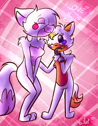 Size: 1500x1928 | Tagged: safe, artist:vailetofficial, lolbit (fnaf), mangle (fnaf), canine, fox, mammal, anthro, five nights at freddy's, 2016, abstract background, bow, bow tie, clothes, duo, ear fluff, english text, eyes closed, female, female/female, fluff, fur, furrified, heart, heart eyes, height difference, hook, looking at someone, mangbit (fnaf), one eye closed, orange body, orange fur, paws, pink body, pink fur, shipping, shoulder fluff, signature, smiling, standing, tail, tail fluff, teeth, text, white body, white fur, wingding eyes