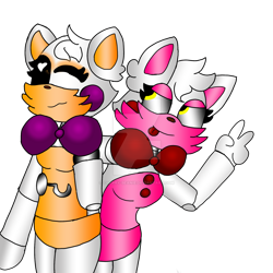 Size: 1024x1024 | Tagged: safe, artist:cherry-beanie, lolbit (fnaf), mangle (fnaf), animatronic, canine, fictional species, fox, mammal, robot, five nights at freddy's, 2016, black sclera, bow, bow tie, cheek fluff, clothes, colored sclera, deviantart watermark, duo, ear fluff, female, female/female, fluff, gesture, heart, heart eyes, hook, lidded eyes, looking at someone, looking up, mangbit (fnaf), one eye closed, shipping, simple background, smiling, tongue, tongue out, transparent background, v sign, watermark, wingding eyes, yellow eyes