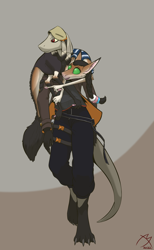 Size: 4000x6500 | Tagged: safe, artist:destrustor, fictional species, yinglet, anthro, digitigrade anthro, the out-of-placers, claws, clothes, duo, female, fluff, green eyes, red eyes, simple background, tail, tail fluff