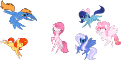 Size: 2319x1149 | Tagged: safe, artist:angellight-bases, artist:muhammad yunus, oc, oc only, oc:annisa trihapsari, oc:bluelight, oc:rozyfly, oc:starnight, oc:strawberries, oc:sunflower, alicorn, earth pony, equine, fictional species, mammal, pegasus, pony, unicorn, feral, series:the legend of tenderheart, friendship is magic, hasbro, my little pony, blank flank, bow, eyes closed, female, floppy ears, flying, grin, group, hair, hair bow, long hair, male, mare, open mouth, open smile, simple background, smiling, stallion, transparent background