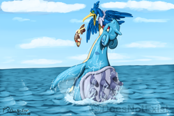 Size: 2000x1333 | Tagged: safe, artist:doesnotexist, oc, oc:lochaidh, bird, cramorant, fictional species, lapras, feral, nintendo, pokémon, ambiguous gender, arrokuda, beak, blue feathers, blue skin, breaching, countershading, dripping, feathered wings, feathers, green eyes, group, ocean, open beak, open mouth, red eyes, skin, stripes, tan skin, trio, vore, water, white feathers, wings