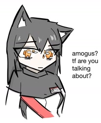 Size: 1410x1712 | Tagged: safe, artist:tunaplus_c, crewmate (among us), texas (arknights), animal humanoid, canine, fictional species, mammal, wolf, humanoid, among us (game), arknights, amogus, among us eyes, black hair, breasts, clothes, english text, female, hair, holding, holding object, knife, long hair, orange eyes, shirt, simple background, solo, solo female, text, topwear, white background