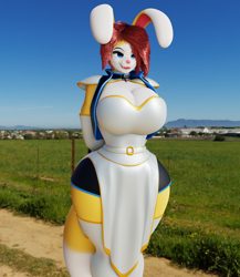 Size: 1110x1280 | Tagged: safe, artist:jesterkatz, oc, oc:angel rox, lagomorph, mammal, rabbit, anthro, arms behind back, big breasts, blender, blender eevee, blue eyes, bottomwear, breasts, clothes, collar, corset, cross, dress, fangs, female, hair, jacket, red hair, sharp teeth, shorts, smiling, solo, solo female, teeth, thick thighs, thighs, topwear, wide hips