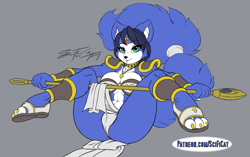 Size: 1440x906 | Tagged: suggestive, artist:scificat, edit, krystal (star fox), canine, fox, mammal, anthro, digitigrade anthro, nintendo, star fox, 2019, accessories, bedroom eyes, belly button, big breasts, bikini, bikini top, breasts, butt, cameltoe, choker, clothes, color edit, digital art, ears, eyelashes, female, fur, hair, jewelry, krystal's staff, loincloth, loincloth aside, necklace, panties, pose, sandals, shoes, shoulder pads, simple background, solo, solo female, swimsuit, tail, thighs, tribal, underass, underwear, vixen, wide hips