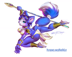 Size: 1280x1029 | Tagged: suggestive, artist:scificat, krystal (star fox), canine, fox, mammal, anthro, digitigrade anthro, nintendo, star fox, 2017, accessories, bedroom eyes, bikini, bikini top, breasts, butt, choker, clothes, digital art, ears, eyelashes, female, fur, hair, jewelry, krystal's staff, loincloth, looking at you, looking back, looking back at you, necklace, pose, rear view, sandals, shoes, shoulder pads, sideboob, simple background, solo, solo female, swimsuit, tail, thighs, tribal markings, vixen, wide hips