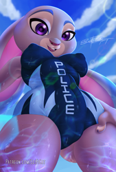 Size: 761x1128 | Tagged: suggestive, artist:scificat, judy hopps (zootopia), lagomorph, mammal, rabbit, anthro, disney, zootopia, 2019, bedroom eyes, black nose, breasts, buckteeth, cameltoe, clothes, detailed background, digital art, ears, eyelashes, female, floppy ears, fur, nipple outline, one-piece swimsuit, open mouth, pink nose, pose, solo, solo female, swimsuit, tail, teeth, thighs, tongue, wide hips