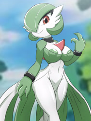 Size: 2100x2800 | Tagged: suggestive, artist:skarlet jewel, fictional species, gardevoir, anthro, nintendo, pokémon, 2023, areola, areola slip, bottomwear, breasts, clothes, detailed background, digital art, dress, ears, eyelashes, female, hair, looking at you, pose, solo, solo female, thighs, wide hips