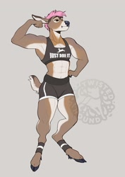 Size: 2150x3035 | Tagged: safe, artist:twistedhound, oc, oc only, cervid, deer, mammal, anthro, unguligrade anthro, 2023, bottomwear, breasts, brown body, brown eyes, brown fur, clothes, cloven hooves, dewclaw, digital art, ears, female, fur, hair, hooves, muscles, muscular female, pink hair, short tail, shorts, simple background, small breasts, solo, solo female, tail, tank top, topwear