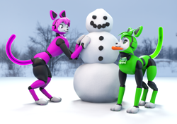 Size: 1280x900 | Tagged: safe, artist:jesterkatz, oc, oc:aria gear, oc:beat gear, cat, feline, mammal, robot, semi-anthro, blender, blender eevee, brother, brother and sister, carrot, coal, collar, collar tag, duo, female, food, green body, green eyes, green hair, hair, headphones, headwear, male, pink body, pink eyes, pink hair, siblings, sister, snow, snowman, vegetables
