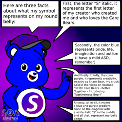 Size: 2238x2238 | Tagged: safe, artist:mrstheartist, oc, oc only, oc:creative bear, bear, fictional species, mammal, semi-anthro, care bears, care bears: unlock the magic, belly badge, black outline, bright colors, care bear, explaining, gradient background, male, show accurate, solo, solo male, speech bubble