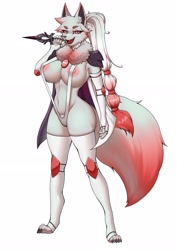 Size: 2480x3508 | Tagged: suggestive, artist:nikowhith, oc, oc only, canine, fox, mammal, anthro, digitigrade anthro, 2022, areola, areola slip, belly button, bikini, black nose, breasts, clothes, digital art, ears, evening gloves, eyelashes, female, fur, gloves, legwear, long gloves, looking at you, nipple outline, open mouth, pose, sharp teeth, simple background, sling bikini, solo, solo female, stockings, swimsuit, tail, teeth, thighs, tongue, vixen, wide hips