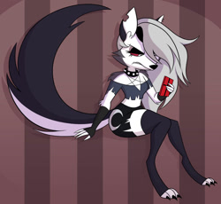 Size: 933x857 | Tagged: safe, artist:chadrocco, loona (vivzmind), canine, fictional species, hellhound, mammal, anthro, digitigrade anthro, hazbin hotel, helluva boss, angry, bottomwear, cell phone, clothes, collar, colored sclera, crop top, cropped shirt, eyeshadow, female, fluff, goth, gray hair, hair, holding, holding object, legwear, long hair, long tail, looking at each other, makeup, midriff, paws, phone, red sclera, simple background, skirt, solo, solo female, spiked collar, tail, tail fluff, teeth, thigh highs, thighs, topwear, white body