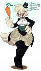 Size: 1498x2604 | Tagged: safe, anonymous artist, bird, anthro, beak, blush sticker, carrot, clothes, feathers, female, fishnet, food, hat, headwear, jacket, leotard, see-through, solo, solo female, tail, tail feathers, thick thighs, thighs, topwear, vegetables, wide hips