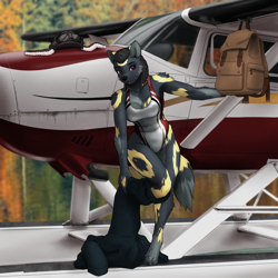 Size: 6000x6000 | Tagged: safe, artist:mykegreywolf, oc, african wild dog, canine, eeveelution, fictional species, hybrid, mammal, umbreon, anthro, nintendo, pokémon, 1:1, absurd resolution, aircraft, backpack, black hair, clothes, digital art, ears, female, fur, goggles, gray body, gray fur, hair, looking at you, outdoors, paws, red eyes, solo, solo female, swimsuit, tail, undressing, vehicle, yellow body, yellow fur