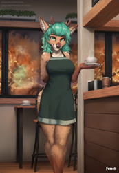 Size: 885x1280 | Tagged: safe, artist:foxovh, oc, oc only, cervid, deer, mammal, anthro, 2023, antlers, apron, clothes, coffee cup, ear fluff, female, fluff, green eyes, green hair, hair, naked apron, nudity, partial nudity, smiling, solo, solo female, tail